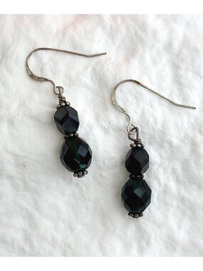 Green Beaded Dangle Ear Wire Vintage Silver Toned 80's Earrings